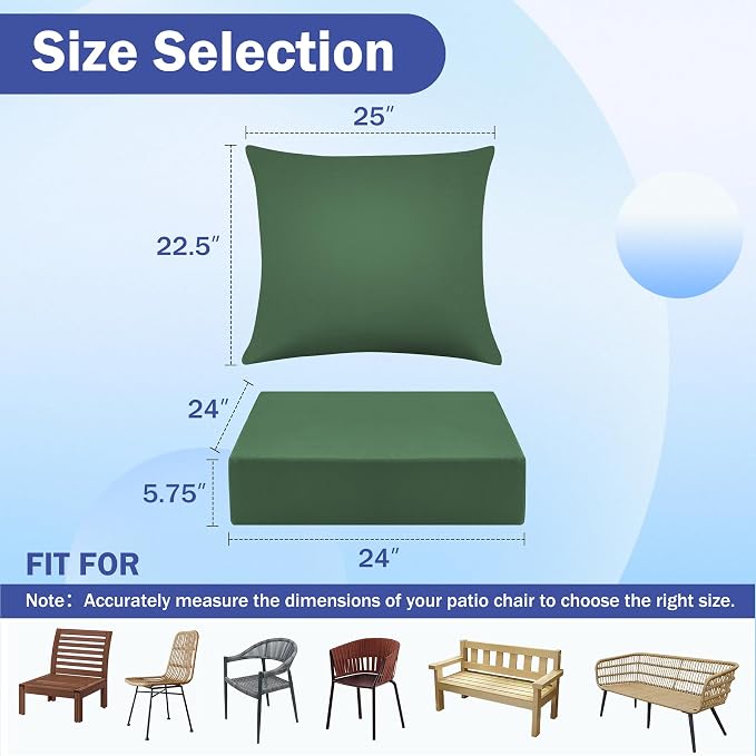 Outdoor Chair Cushions, 24 x 24 Inch Outdoor Cushion for Patio Furniture, Patio Chair Cushion, Waterproof & Fade Resistant Deep Patio Furniture Cushion Set with Handle and Ties, ForestGreen (Set of 2)
