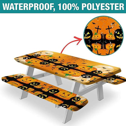 Halloween Fitted Tablecloth, Orange Spooky Jack 'o' Lantern and Full Moon Print Picnic Tablecloth and Bench Seats Table Cover, 3 PCS, for Picnic Party Outdoor Patio Use, 28x72 Inch