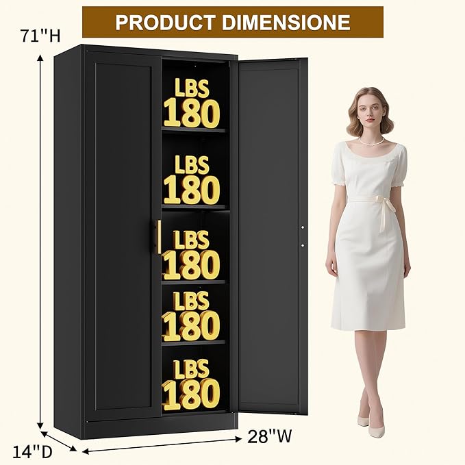 CJF Black Kitchen Pantry Cabinet,71" Tall Metal Storage Cabinet with 4 Adjustable Shelves and Doors, Freestanding Pantry Cabinet for Kitchen, Living Room, Dining Room, Bathroom, Easy to Assemble
