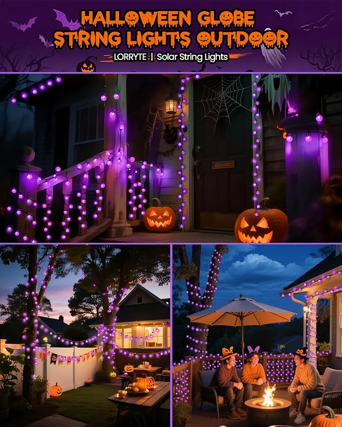 LORRYTE 2 Pack 64FT 100 LED Crystal Globe Solar Halloween Lights, Purple | Halloween String Lights Outdoor Waterproof, 8 Modes, Solar Powered Halloween Decorations for Outside Garden Patio Party Yard