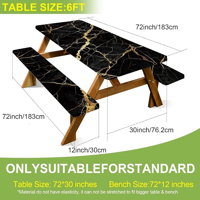 FOREVER QUEEN Picnic Table Cover with Bench Covers 72in,Waterproof Windproof Fitted Tablecloth, Black Marble with Gold Veins Camping Essentials with Drawstring Bag for Patio,Park & Backyard
