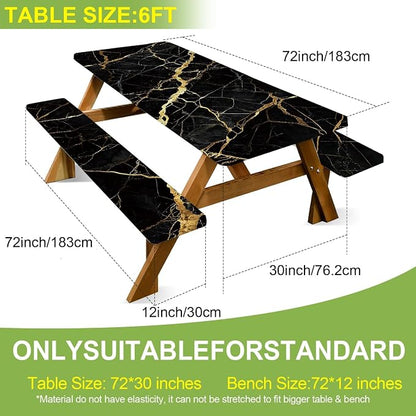 FOREVER QUEEN Picnic Table Cover with Bench Covers 72in,Waterproof Windproof Fitted Tablecloth, Black Marble with Gold Veins Camping Essentials with Drawstring Bag for Patio,Park & Backyard