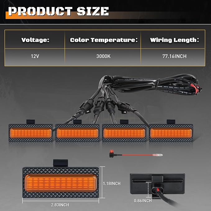 Grill Lights for Jeep Wrangler JL - FICOLPO 4PCS LED Front Grill Lights for Jeep Wrangler JL JLU 2024 2025 2026 Rubicon Sahara Front Bumper Grille Lights with Fuse Adapter & Harness (Amber Light)