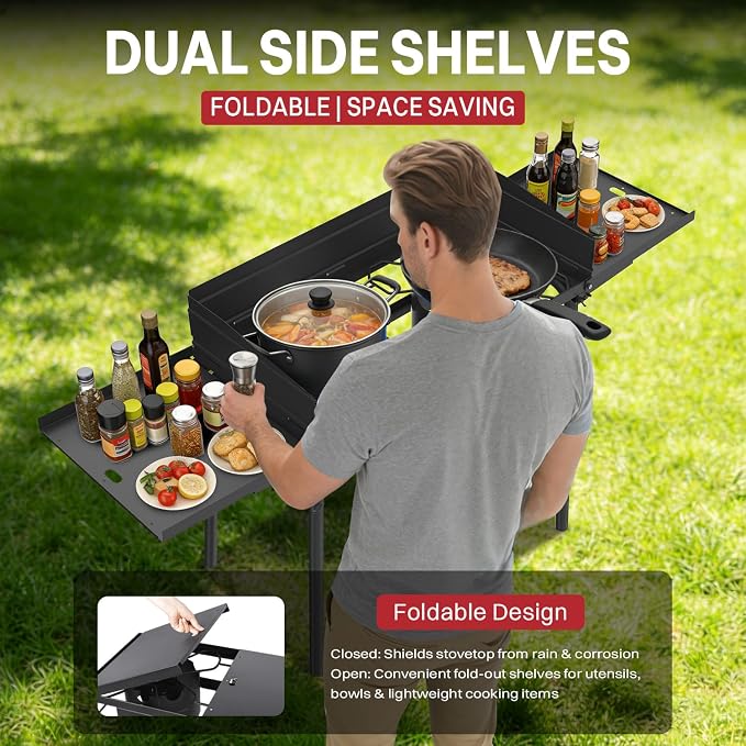 2 Burner Propane Camp Stove | 150,000 BTU | High Pressure Gas Burners | CSA Certified | Side Shelves | Windscreen | Waterproof Cover | Detachable Legs | Ideal for Camping Backyard Outdoor Cooking