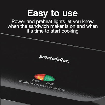 Proctor Silex Panini Press Sandwich Maker Grill & Electric Indoor Grill | 70 sq. in. Cooking Surface | Easy-Clean PFAS-Free Nonstick Grids | Compact Upright Storage | Indicator Lights | Black