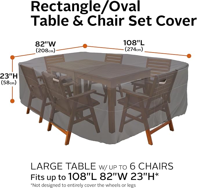 Classic Accessories Ravenna Water-Resistant 108 Inch Rectangular/Oval Patio Table & Chair Set Cover, Large, Taupe, Outdoor Table Cover
