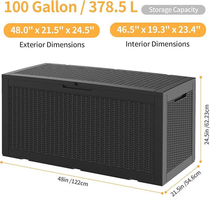 120 Gallon Waterproof Large Resin Deck Box, Lockable Storage Container for Patio Cushions, Garden Tools, Indoor & Outdoor (Black)