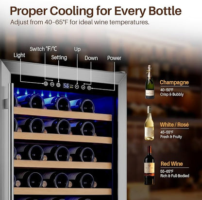 24 Inch Wine Fridge 51 Bottles Wine Cooler with Glass Door, Wine Refrigerator Temperature Control, Built-in Freestanding or Under Counter Wine Cellar for Home Bar, Bedroom