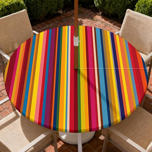 Outdoor Tablecloth with Umbrella Hole and Zipper Fits 53-60" Tables | Waterproof Round Fitted Tablecloth with Elastic Edge, Wipeable Outdoor Table Cover for Patio, Garden, Picnic