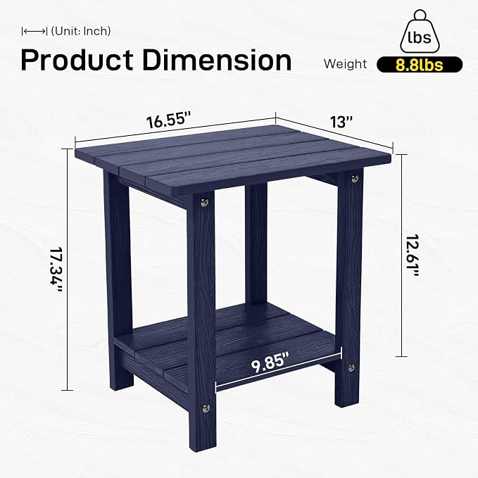 Outdoor Side Table, Weather Resistant Double Small Adirondack Side Table, Outdoor Indoor End Table for Adirondack Chair, 17" Patio Table for Pool, Deck and Porch, Deep Blue