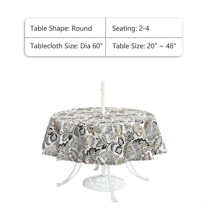 LVTXIII Round Outdoor Tablecloth with Umbrella Hole and Zipper, Water-Repellent 60 Inch Patio Table Cover for Bistro, Garden, Patio & Picnic, Dailey Tan