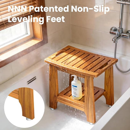 NNN 21" Standard Teak Shower Bench with Japan-Made Non-Slip Leveling Feet | US Patented Design, Marine-Grade Hardware, Pre-Oiled European Teak Oil, Ready, 300lb, for Showers Spa Sauna & Outdoor Pools