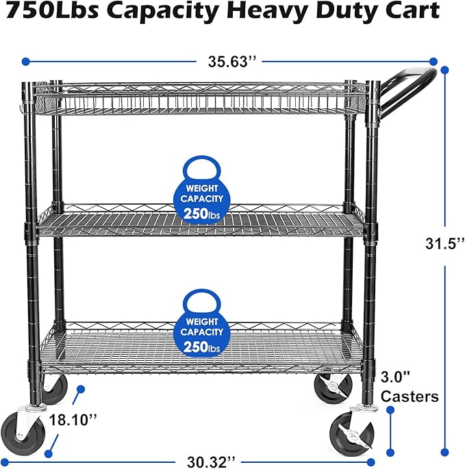 Heavy Duty 3 Tier Utility Cart,Wire Rolling Cart with Wheels, Commercial Grade Service Cart with Shelving Liners and Handle Bar Metal Carts for Kitchen Office Hardware