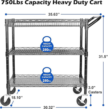 Heavy Duty 3 Tier Utility Cart,Wire Rolling Cart with Wheels, Commercial Grade Service Cart with Shelving Liners and Handle Bar Metal Carts for Kitchen Office Hardware