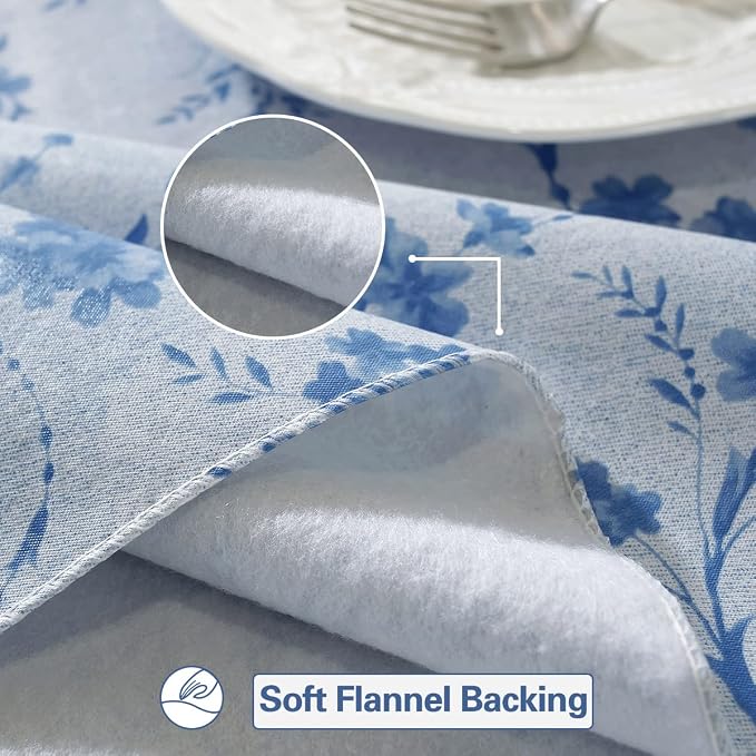Vinyl Tablecloth with Flannel Backing for Rectangle Tables 60 x 84 Inch | Waterproof Non Slip Floral Plastic Tablecloth, Heavy Duty Table Cover for Dining, Party, Indoor, Outdoor, Blue