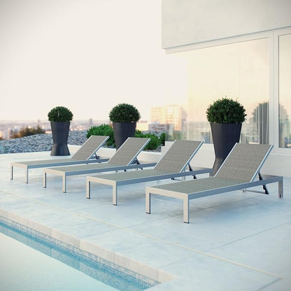 Modway Shore Aluminum Wicker Rattan Outdoor Patio Four Poolside Chaise Lounge Chairs in Silver Gray