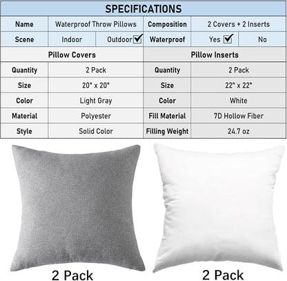 Outdoor Throw Pillows with Inserts, Waterproof Pillows for Outdoor Seating, Square Decorative Garden Cushion for Patio Furniture, Bed, Couch, Sofa(Light Gray, 20" x 20" (Pack of 2))