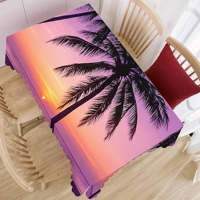 Decorative Rectangle Tablecloth 52"X70" Beach Sunset, Paradise Beach Palm Trees Sunset Wrinkle Free Table Cover Picnic Table Cloths for Parties Weddings Kitchen Tablecloth Purple