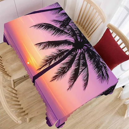 Decorative Rectangle Tablecloth 52"X70" Beach Sunset, Paradise Beach Palm Trees Sunset Wrinkle Free Table Cover Picnic Table Cloths for Parties Weddings Kitchen Tablecloth Purple