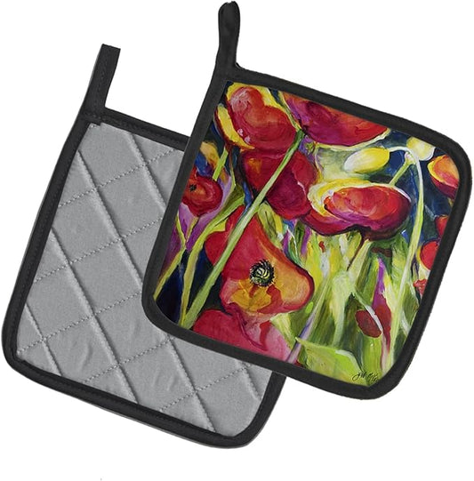 Caroline's Treasures JMK1269PTHD Poppies Pair of Pot Holders Kitchen Heat Resistant Pot Holders Sets Oven Hot Pads for Cooking Baking BBQ, 7 1/2 x 7 1/2