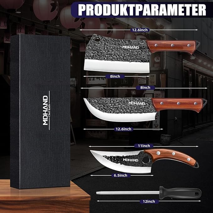MDHAND Butcher Knife Set, 8PCS Hand Forged Butcher Chef Knife Set, High Carbon Steel Full Tang Kitchen Knives Set, Heavy Duty Meat Cleaver for Outdoor Camping BBQ, Gift for Men