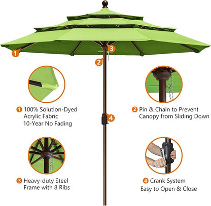 EliteShade USA 10-Year-Non-Fading 10ft 3-Tier Market Patio Umbrella, Commercial Grade Outdoor Table Umbrella with Crank Open, Windproof & UPF 50+ UV Protection, Heavy Duty Ventilation for Garden, Deck, Pool, Backyard, Beach & Bistro, No Tilt, Macaw Green