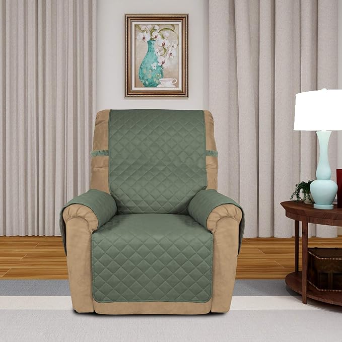 PureFit Reversible Quilted Recliner Sofa Cover, Water Resistant Slipcover Furniture Protector, Washable Couch Cover with Elastic Straps for Kids, Dogs, Pets (Small, Greyish Green/Beige) | Greyish Green/Beige, Water Resistant Couch Protector, Washable P...