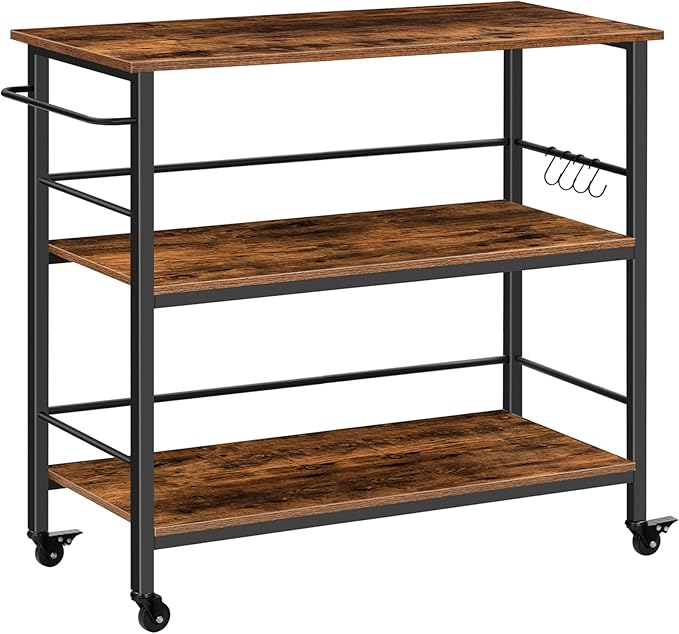 HOOBRO Kitchen Island with Storage, Industrial Kitchen Counter with Hooks and Side Enclosures, 3 Tier Kitchen Cart with Large Workstation, Saving Space, Easy Assembly, Rustic Brown and Black BF03ZD01