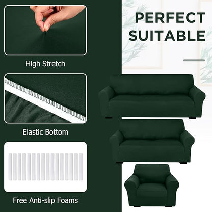 Peryiter 3 Pcs Couch and Loveseat Sofa Covers,Dark Green,Milk Silk | Armchair Covers for Living Room, Sofa Cushion Slipcover, Furniture Protector, Polyester and Spandex, Washable