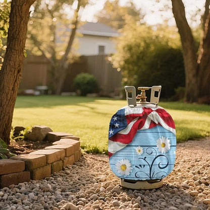 American Flag Dual Propane Tank Cover 20 lb Patriotic Weather Resistant Windproof Gas Cylinder Polyester Daisy 4th of July Decoration Slip-On Standard Tank Cover
