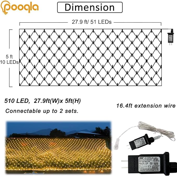 Pooqla Warm White Net Lights, 28x 5ft Christmas Lights Outdoor Clear Wire | 510 LED Large Net Mesh Lights Plug in, 8 Modes Waterproof Connectable Bushes Lights for Christmas Hedge Yard Decor