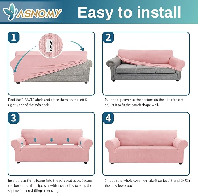 Asnomy Stretch Oversized Couch Covers for Sofa Slipcover,Pink | 1-Piece Sofa Covers Washable(94"-110") 4-Seater Furniture Protector with Non Skid Foam and Elastic Bottom for Kids, Pets