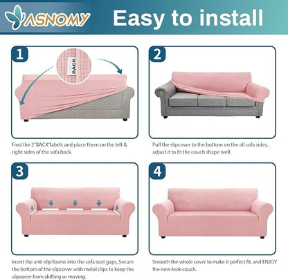 Asnomy Stretch Oversized Couch Covers for Sofa Slipcover,Pink | 1-Piece Sofa Covers Washable(94"-110") 4-Seater Furniture Protector with Non Skid Foam and Elastic Bottom for Kids, Pets