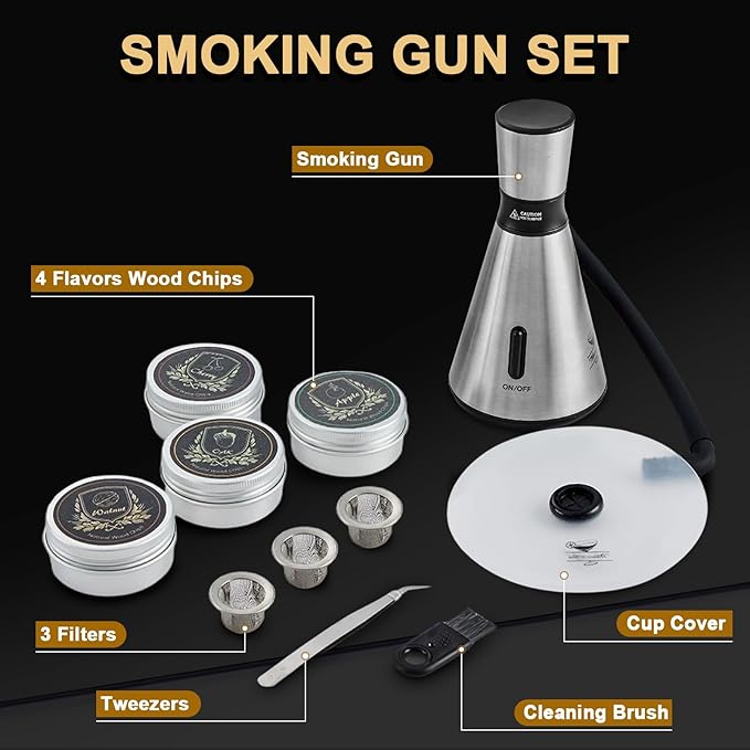 Smoke Gun Cocktail Smoker Kit - Complete Cocktail Smoker Kit with 4 Wood Flavors, Accessories, and Brush - Perfect Drink Smoker Kit for Infusing Flavor into Cocktails (Silver(Dome not included))