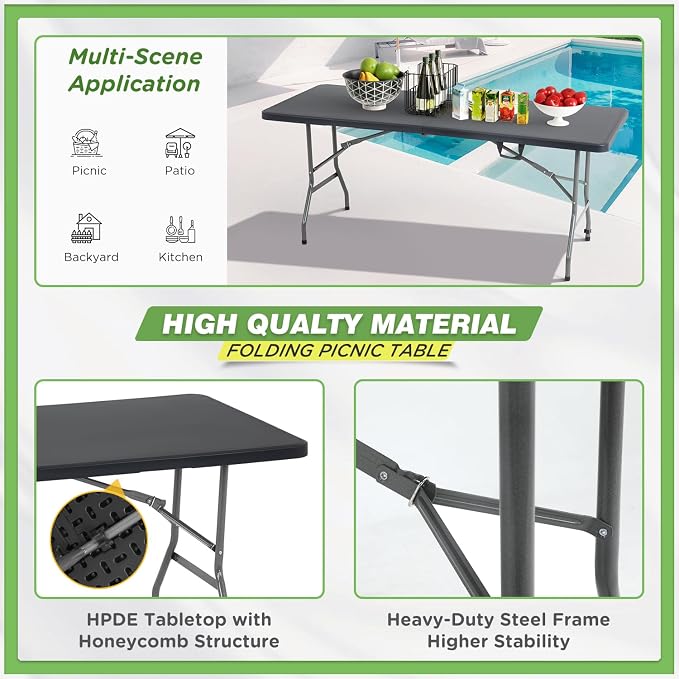 BestOffice | 6FT Folding Table | Black | Portable Plastic Table | with Carry Handle | Waterproof & Foldable Table Design | Steel Frame with Lock | for Events, Camping, Indoor & Outdoor Use