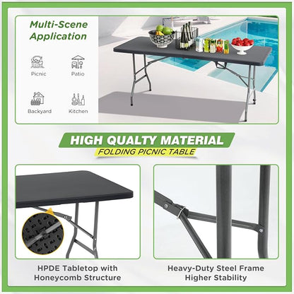 BestOffice | 6FT Folding Table | Black | Portable Plastic Table | with Carry Handle | Waterproof & Foldable Table Design | Steel Frame with Lock | for Events, Camping, Indoor & Outdoor Use