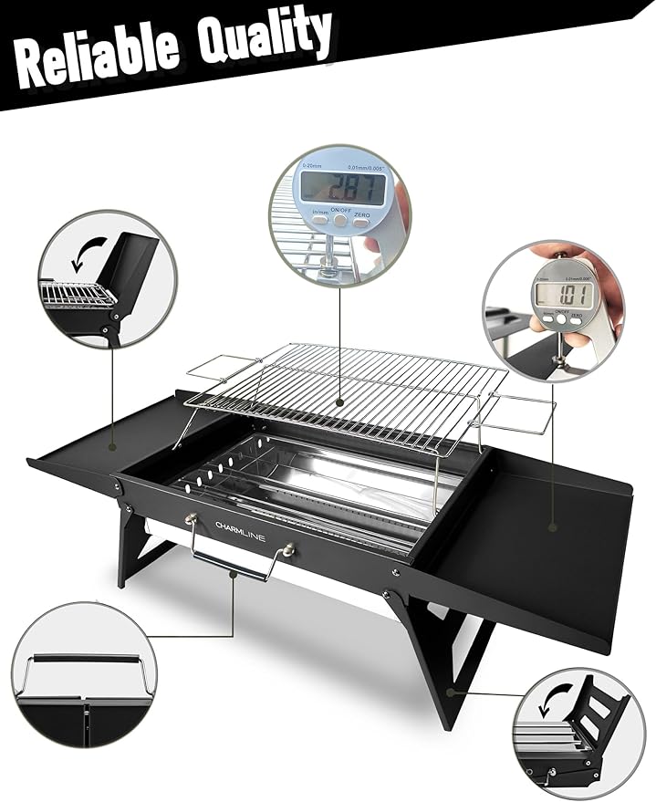 Charmline 20x14inch Big Foldable Portable Charcoal Grill, Charcoal Grills for Camping, Picnics, Gardens and Beach Parties, Black, With 44x24in Fireproof Mat