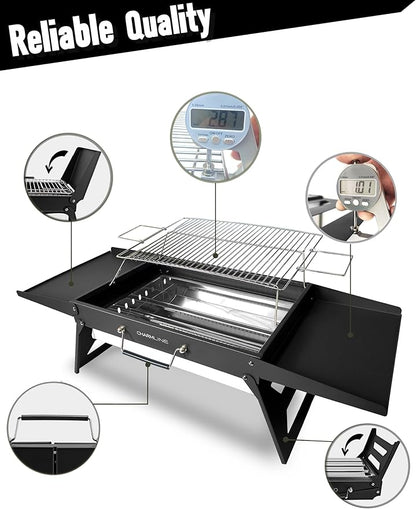 Charmline 20x14inch Big Foldable Portable Charcoal Grill, Charcoal Grills for Camping, Picnics, Gardens and Beach Parties, Black, With 44x24in Fireproof Mat