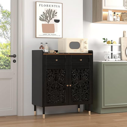 3More Sideboard Buffet Cabinet with Retro Carving Pattern Set of 2, Kitchen Pantry Storage Cabinet with 1 Drawer & 2 Doors, Coffee Bar for Living Room, Kitchen, Dining Room, Black