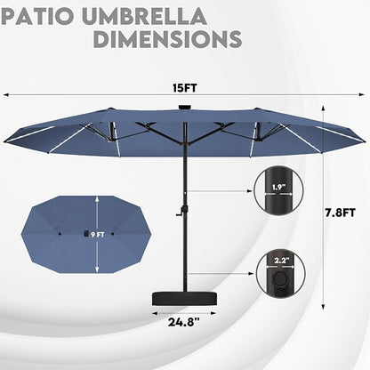 GDPFN 15ft Large Patio Umbrella with Solar Lights, Outdoor Double-Side Rectangular Umbrella with Base Included, Backyard Pool Umbrella with LED Light for Deck, Outside, Market, Navy