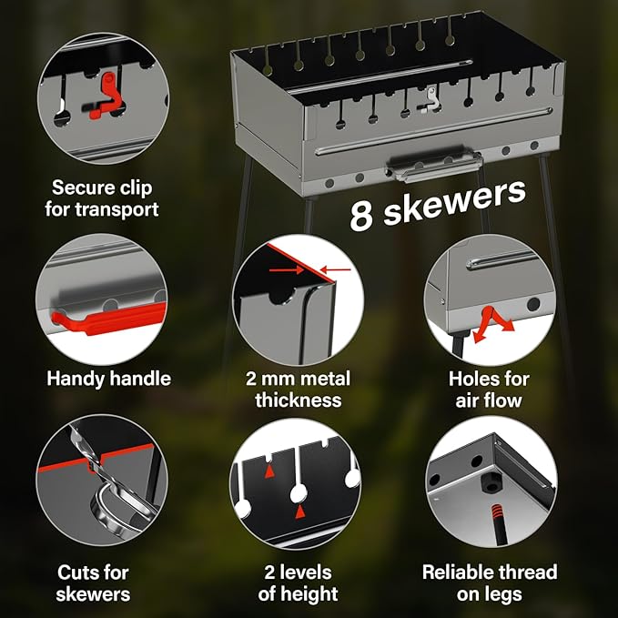 Stainless Steel Charcoal Grill for 8 Skewers – Portable BBQ 16.93"×11.81"×21.26" – Foldable Kabob Mangal – Rustproof Shish Kebab Grill for Outdoor Cooking (Skewers Not Included)
