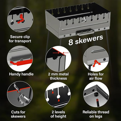 Stainless Steel Charcoal Grill for 8 Skewers – Portable BBQ 16.93"×11.81"×21.26" – Foldable Kabob Mangal – Rustproof Shish Kebab Grill for Outdoor Cooking (Skewers Not Included)