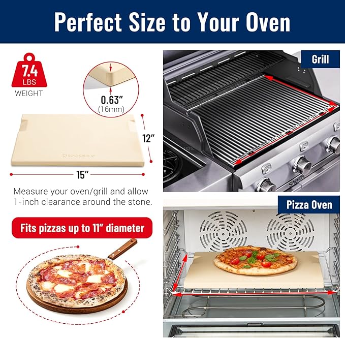 Pizza Stone for Oven and Grill, 15x12 Inch Cordierite Baking Stone with 4 Built-in Handles, 7.4lbs Heavy Duty Thermal Shock Resistant for Crispy Crust Pizza Bread Cookies BBQ
