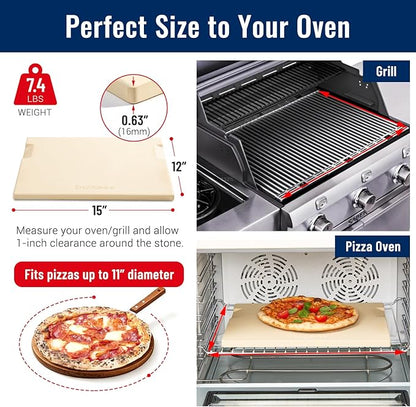 Pizza Stone for Oven and Grill, 15x12 Inch Cordierite Baking Stone with 4 Built-in Handles, 7.4lbs Heavy Duty Thermal Shock Resistant for Crispy Crust Pizza Bread Cookies BBQ