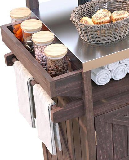 Outdoor Kitchen Island with Raised Shelf,Solid Wood Storage Cabinet with Stainless Steel Top,Outdoor Rolling Grill Cart with Internal Storage Rack, Adjustable Shelf,Spice Rack (Brown#028)