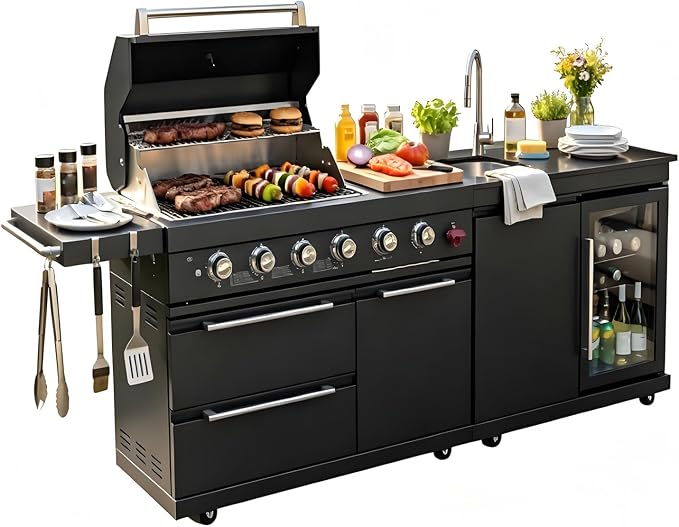 Outdoor Kitchen Island Grill, 6-Burner Gas Grill with Refrigerator, Sink & Food Prep Countertop, Heavy Duty Stainless Steel Modular Outdoor Kitchen for Backyard, Patio