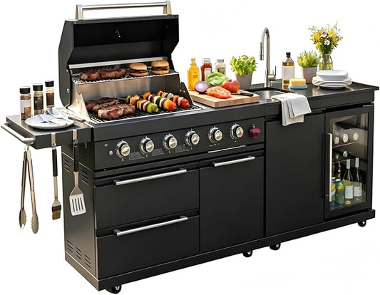 Outdoor Kitchen Island Grill, 6-Burner Gas Grill with Refrigerator, Sink & Food Prep Countertop, Heavy Duty Stainless Steel Modular Outdoor Kitchen for Backyard, Patio