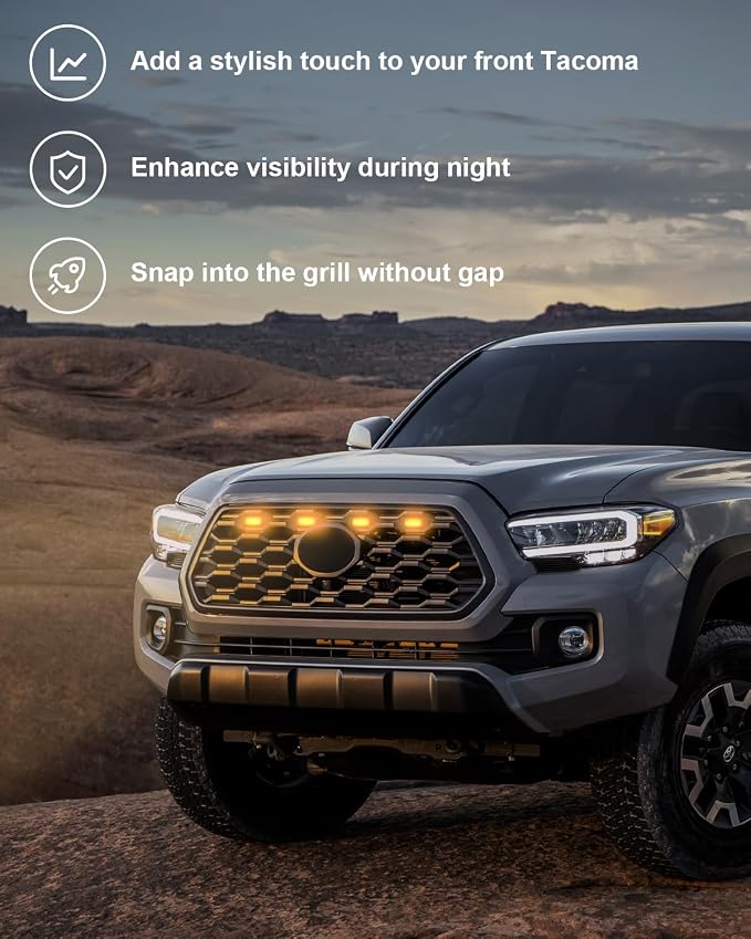SEVEN SPARTA 4 PCS Grill Led Lights with Fuse Adaptor Compatible with 2020-2023 Toyota Tacoma TRD Off Road & Sport OEM Front Grille, Full-Cover (Amber Light with Black Shell)