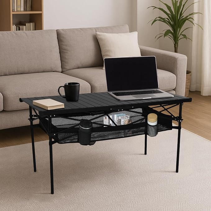 Nice C Portable Aluminum Roll-Up Top Folding Camping Table (Black) | Lightweight Collapsible Table, Mesh Net, Cup Holder, Steel Frame, Carry Bag, Outdoor, Indoor, Sports, Picnic, BBQ