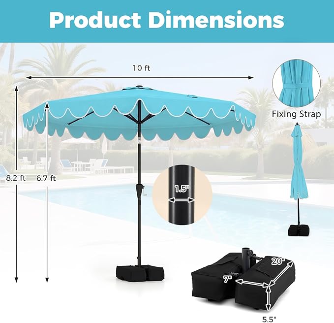 Tangkula 10 FT Patio Umbrella with Base Included, 2-Tiers Outdoor Scalloped Table Umbrella with 2 Sandbags, Tilt Adjustment, Crank, 8 Ribs for Market Backyard Pool Deck Beach Lawn